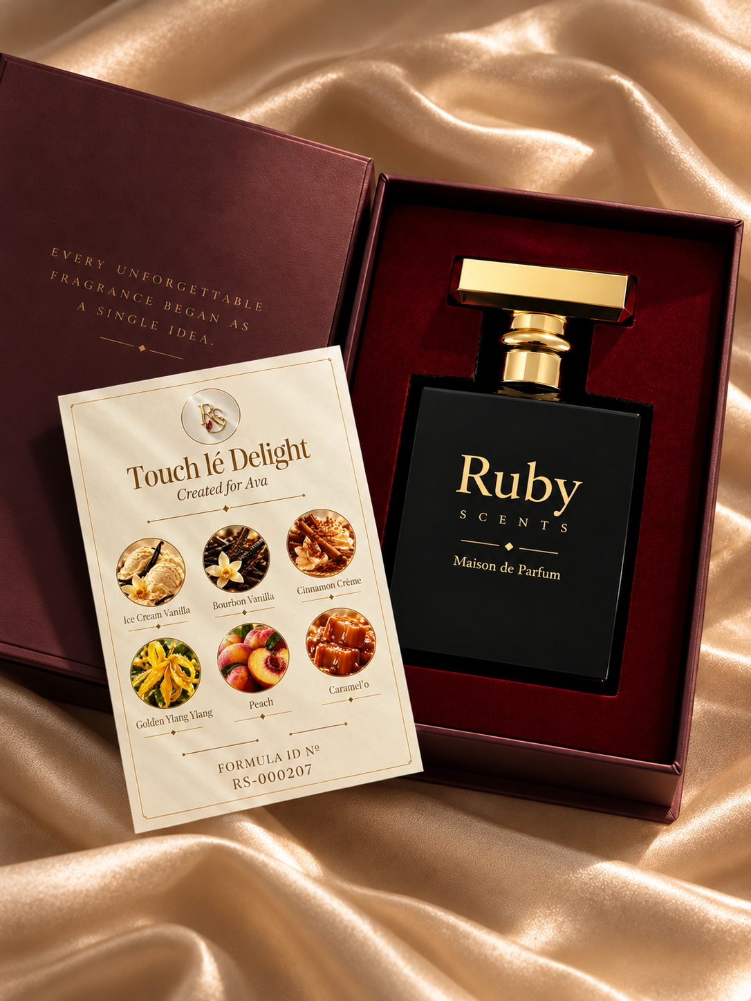 A Ruby Scents fragrance in its presentation case, resting beside its personal print card